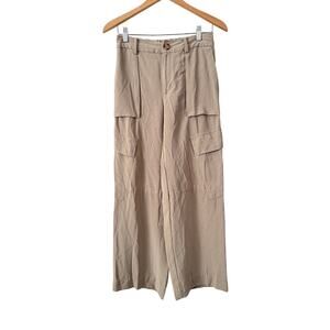 MNG Khaki/Tan Soft Cargo Pull On HighRise Wide Legged Stretchy Waist W/Pockets-4